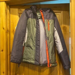 Purple and Gray Champion hooded Jacket with Orange Accents. Size XL 14/16